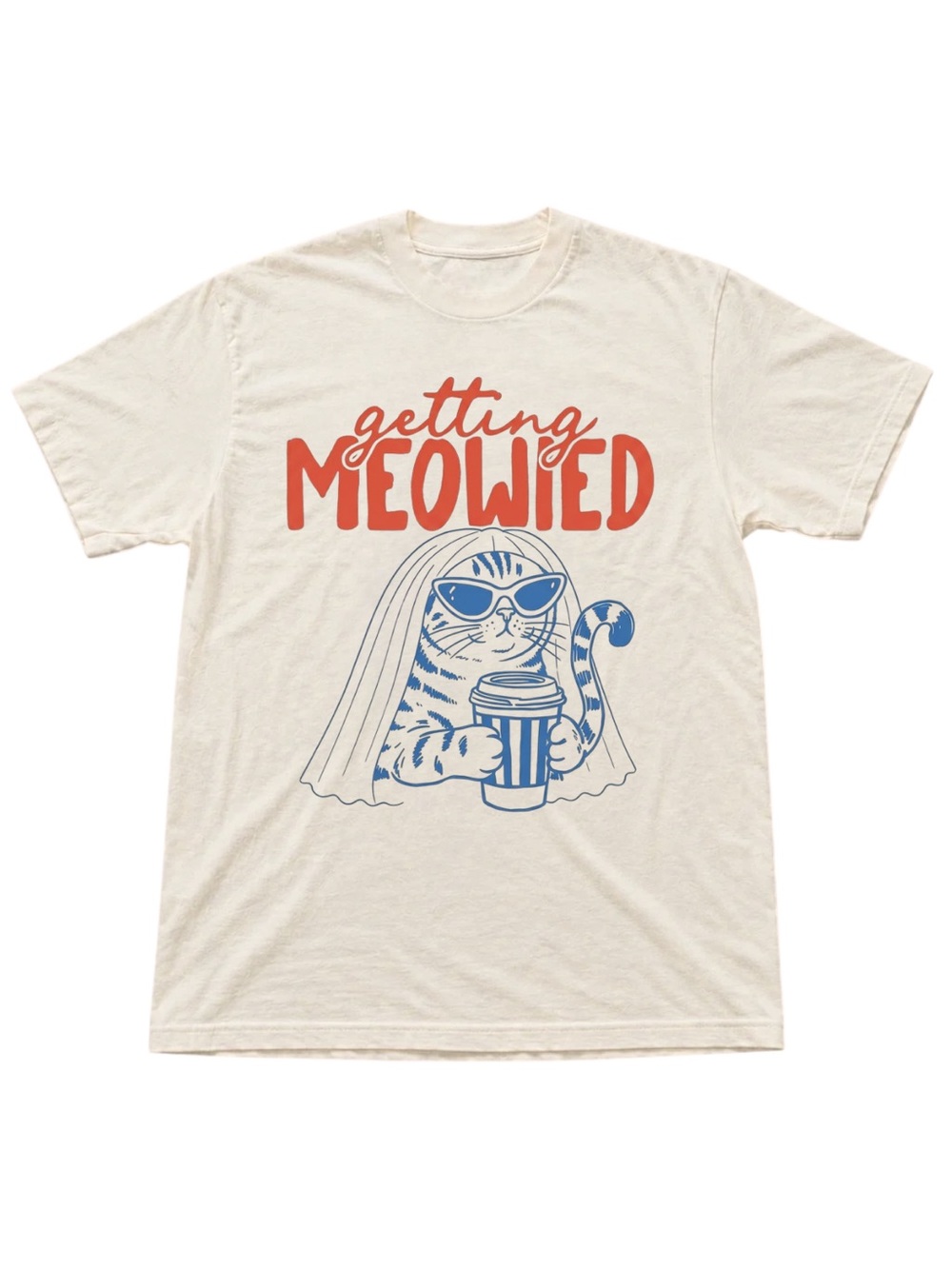 Gildan Getting Meowied Cat Graphic Tee - Cream with Red & Blue Print